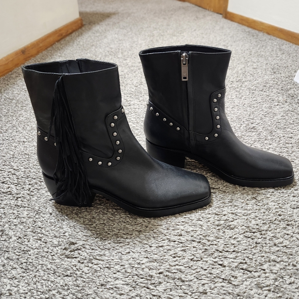 Sam Edelman Black Leather Frindge Tassel Studed Bernie Moto Booties 7